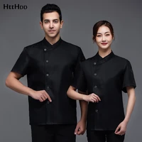 chef jacket black white oblique collar solid color single breasted unisex restaurant kitchen short sleeved shirt uniform tops
