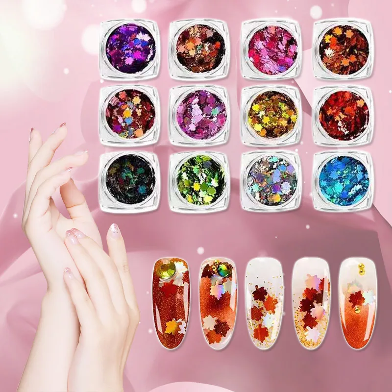 

12 Box Leaf Nail Art Sequins Manicure Decor DIY Stickers Nail Glitter Sticker Decor Supplies KG66