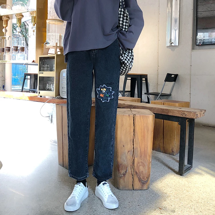 

Autumn Floral Embroidered Elastic Waist Loose 9 Points Capri Pants Harem Cropped Denim Jeans for Women S M L