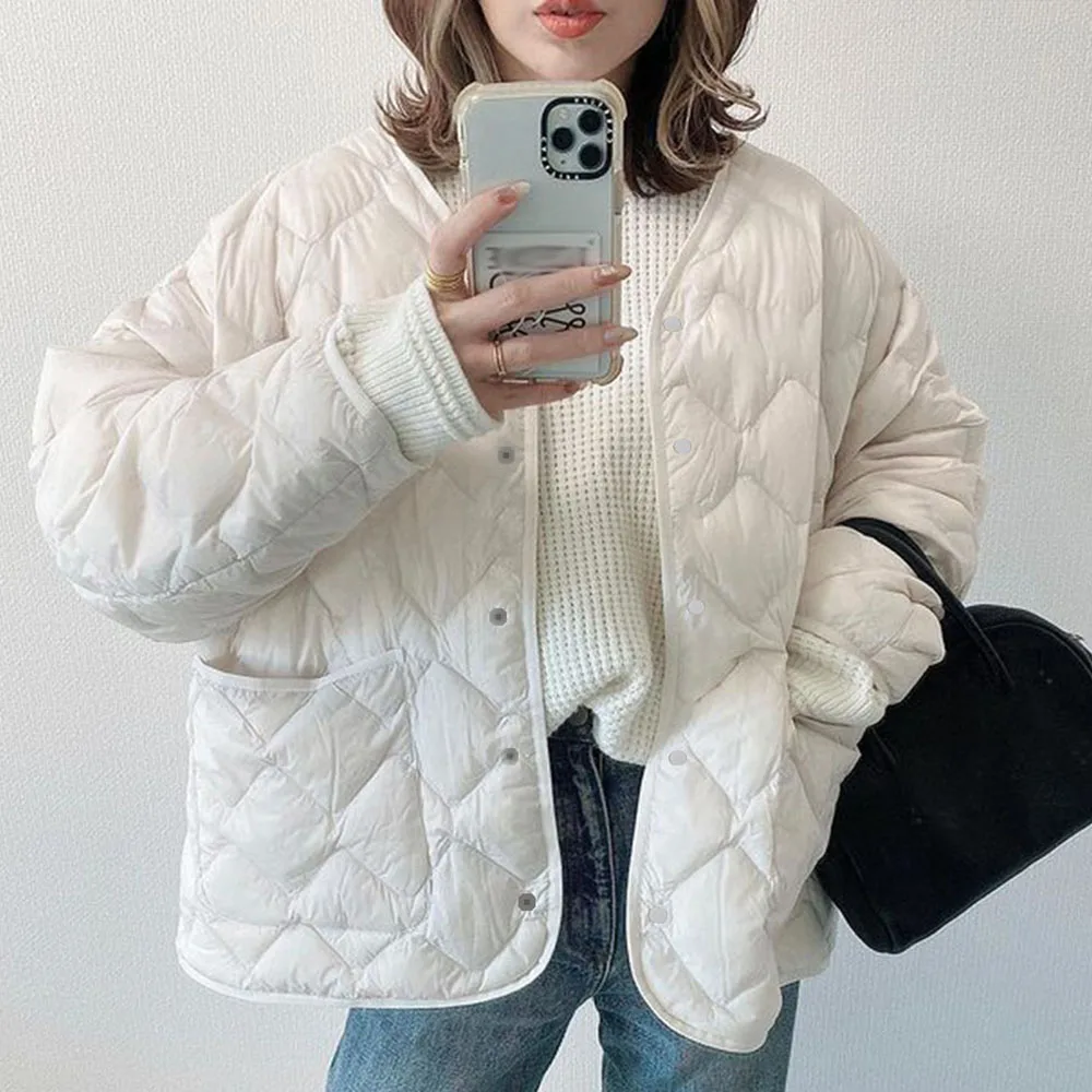 

Long Sleeve Single-Breasted Loose Winter Women's Jacket Cotton Clothes Pocket Casual Office Lady Simple Winter Coat White Parkas