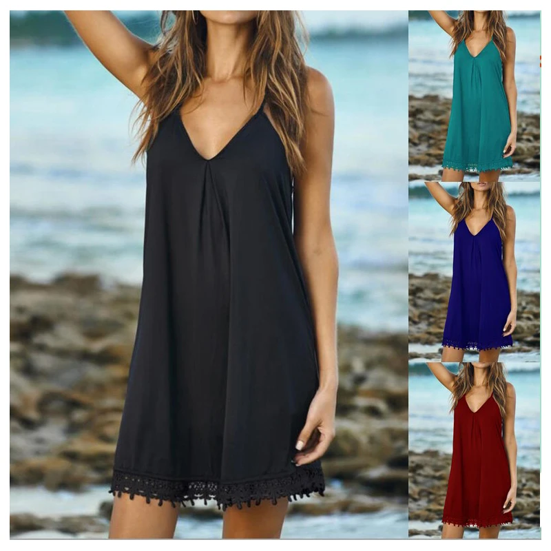 

2021 new spring and summer plus size women's chiffon sexy short skirt waist strap stitching lace casual V-neck large swing dress