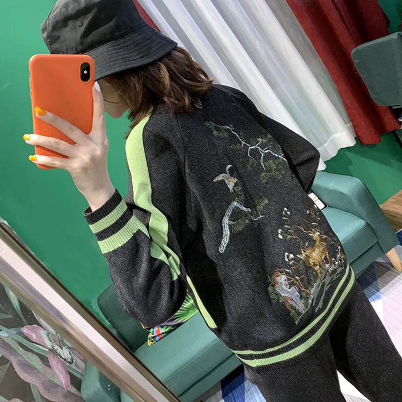 

Black Embroidered Knit Tracksuit Outfits Long sleeve Cardigan Sweater Long Pencil Pants Women Casual 2 Piece Set Knitted Female