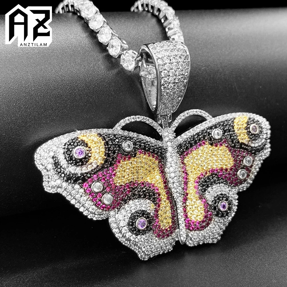 AZ Hip Hop Iced Out Butterfly Pendants Necklace Paved Bling Square Cubic Zircon Stone For Women Men Jewelry Free Shipping
