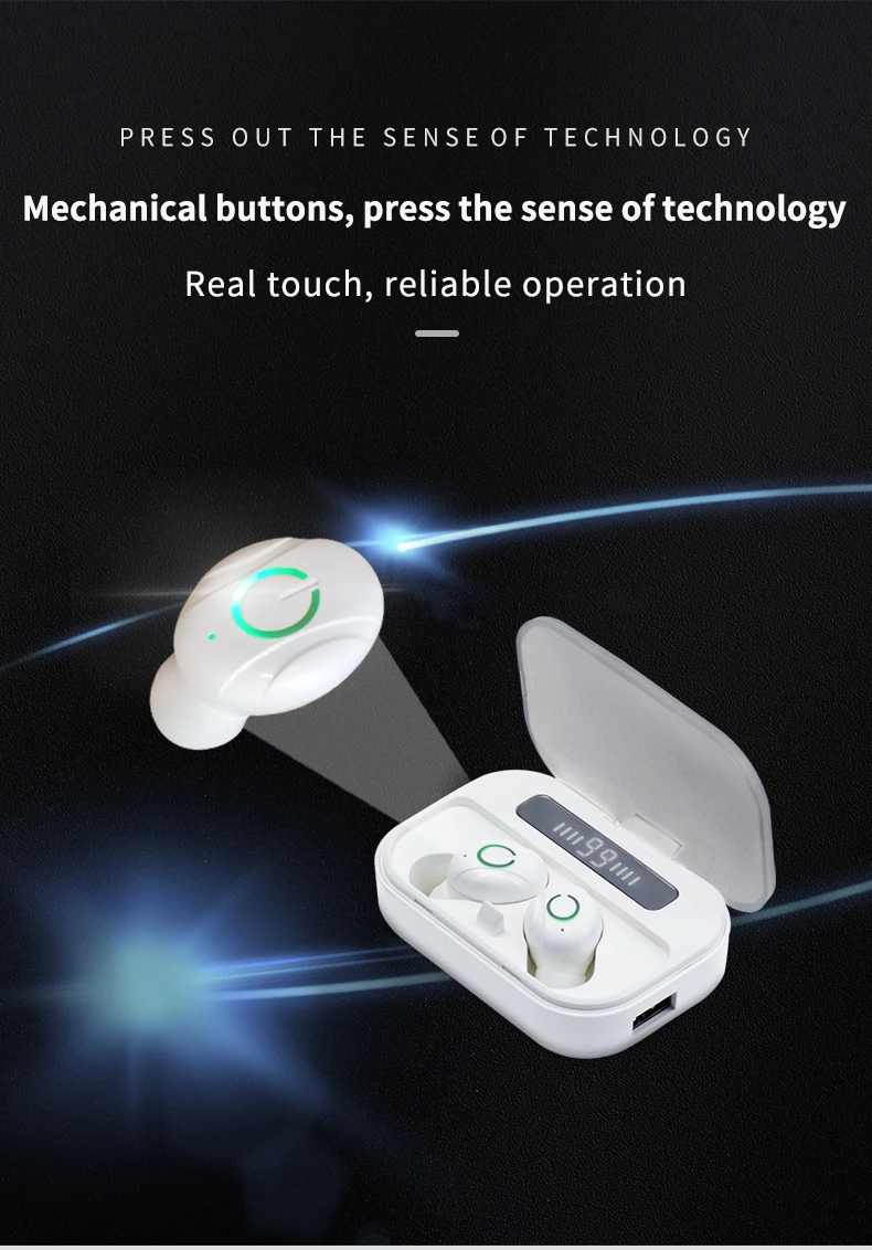Ture Беспроводные стерео Bluetooth наушники с микрофоном, дисплей питания, музыкальная кнопка управления, Bluetooth наушники-вкладыши для смартфона