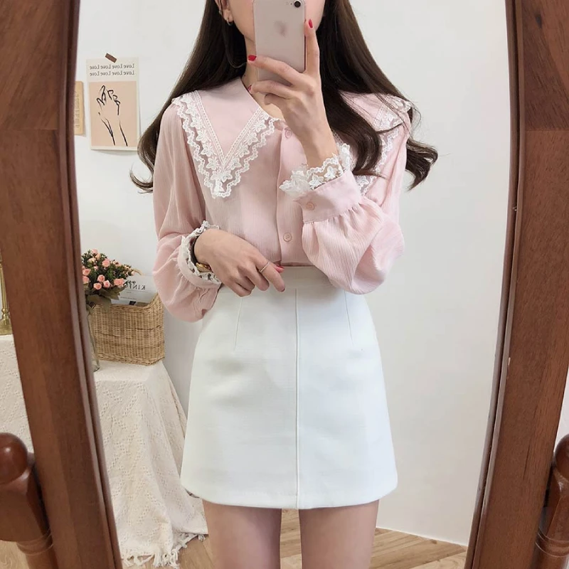 Женская шифоновая блузка с длинным рукавом и кружевом белая или розовая|Рубашки|