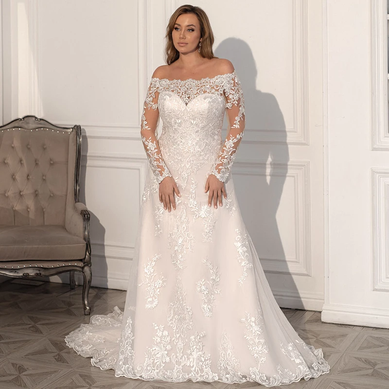 

Classic A-line Lace Long Sleeve Wedding Dress 2021 Sexy Boat Neck Corset Appliques Court Train Plus Size Bridal Gowns