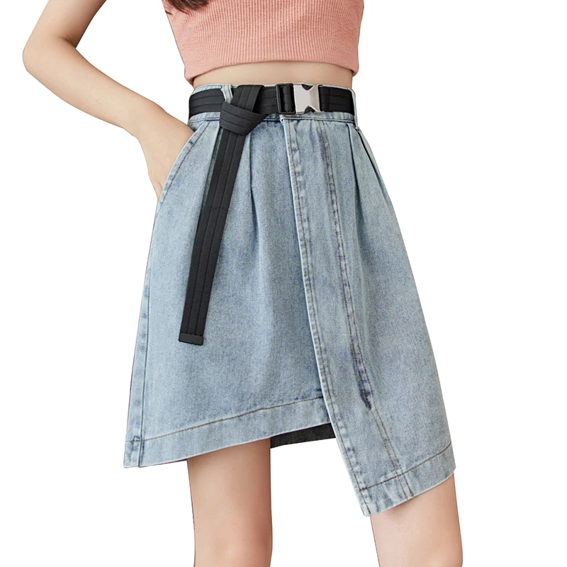 

Jeans Skirt Women Asymmetrical High Waist Skirt Ladies Give Belt Short Skirt 2021 Summer Fashion Skirts Womens