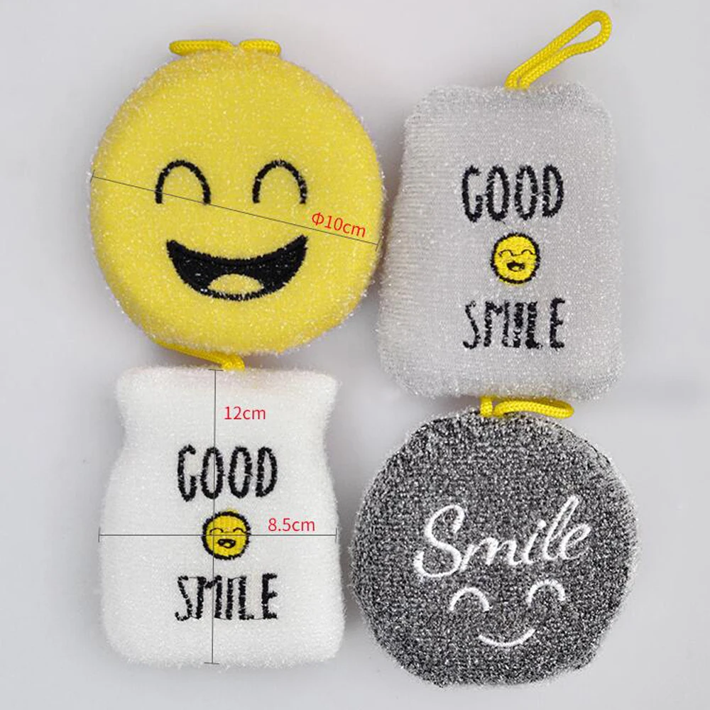 

4PCS Multifunctional Kitchen Cleaner Sponges Strong Decontamination Dish Washing Cloth Scouring Pads Creative Smiley Face Thick