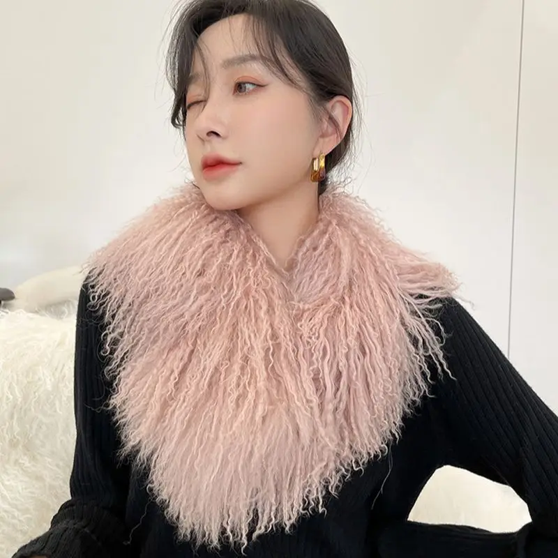 

Winter Real Mongolia Sheep Fur Scarf Lady Quality Mongolian Fur Tibet Sheep Fur Scarf Double-Sided Long Fur Scarf