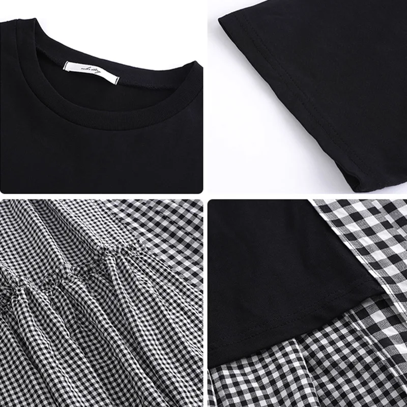 

2021 New Ladies Stitching Plaid T-shirt Dress Fashion Plaid Black Irregular Patchwork Loose Retro Big Swing Skirt Female Casual