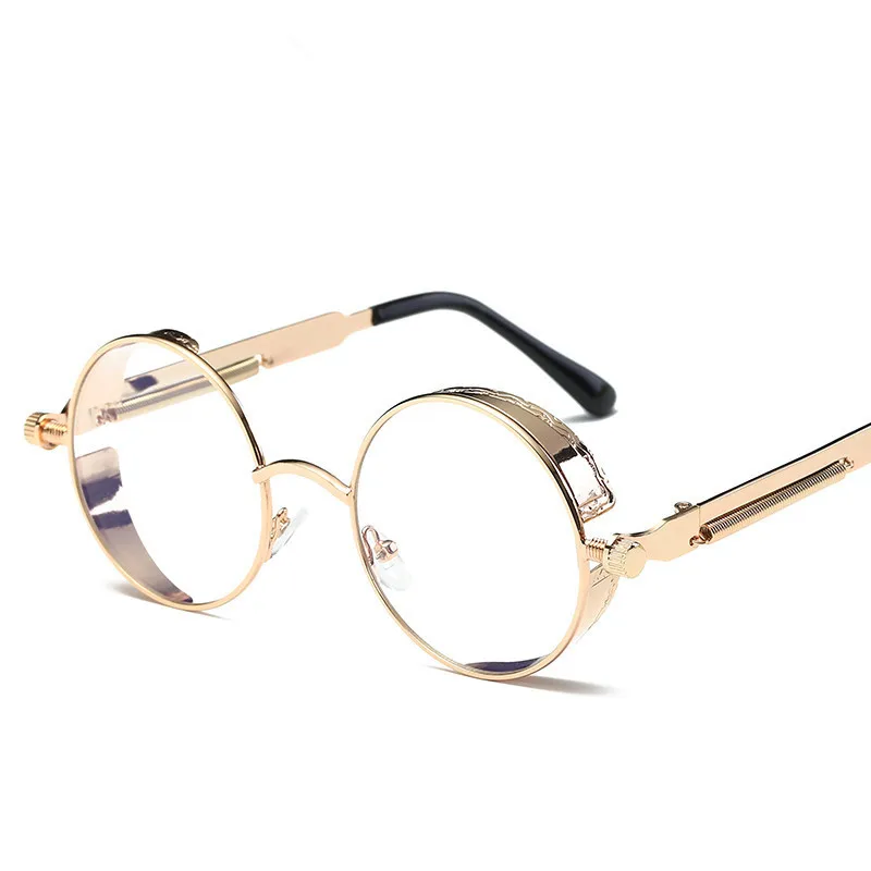 Gold Clear Круглые металлические солнцезащитные очки стимпанк для мужчин и женщин, модные очки, брендовые дизайнерские Ретро Винтажные Солнцезащитные очки UV400 - Цвет линз: Gold Clear