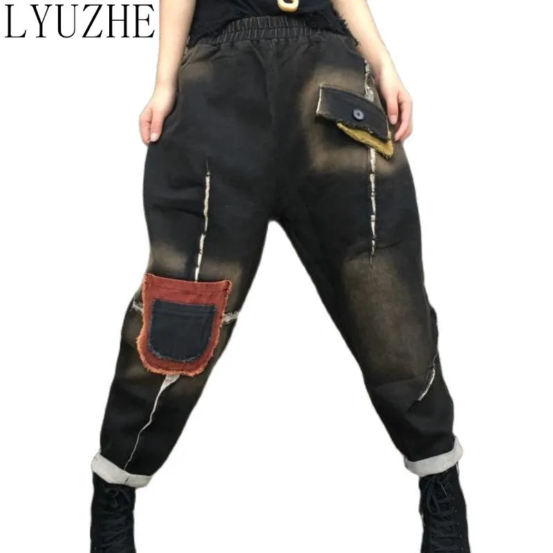 

Женские джинсы с карманами LYUZHE, винтажные штаны-шаровары в стиле пэчворк, с эффектом потертости, черные джинсовые брюки, QDY281, осень 2021