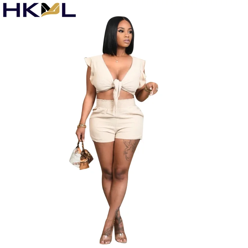 

Solid Color Two Piece Women's Clothing Wholesale Sexy Personality v-neck Lotus Leaf Sleeve Casual Trousers Suit