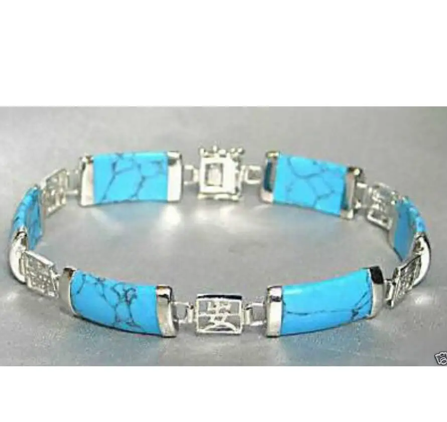 

Pretty Blue Turquoise 925 Sterling Silver Fortune Lucky Link Bracelet