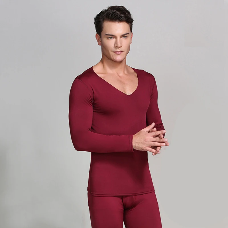 Теплые Термальность мужское нижнее белье однотонные черные футболки с v образным