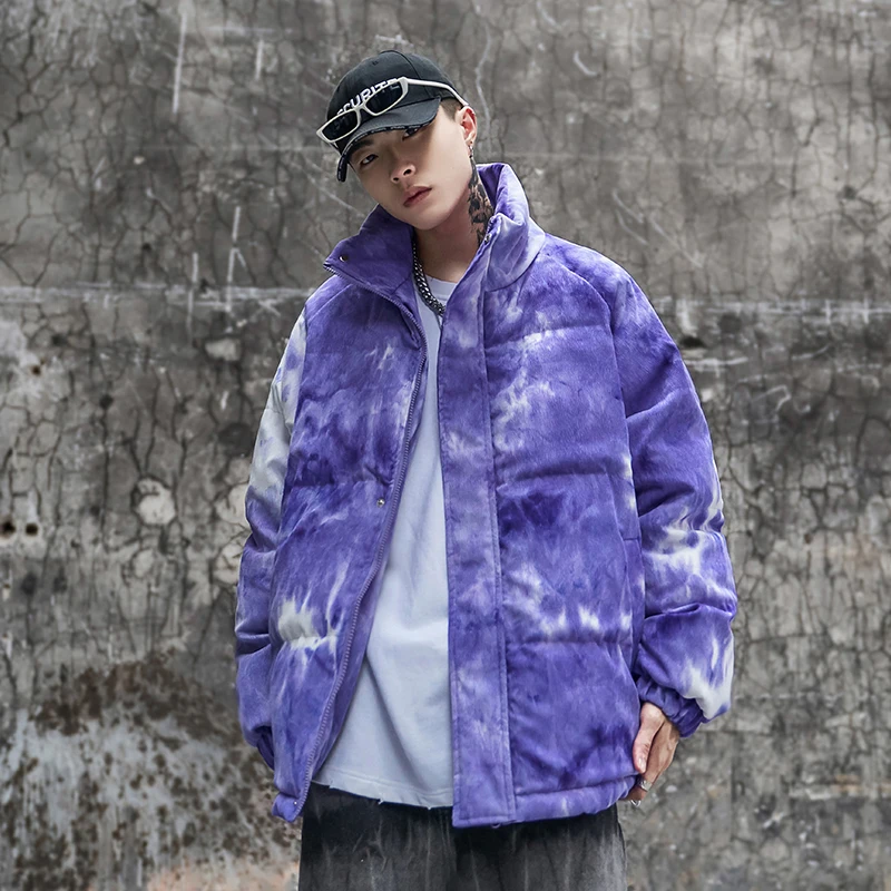 

Korean Fashion Winter Jacket Men Corduroy Tie Dye Printed Parkas Men Warm Thicken Zipper Mens Outwear