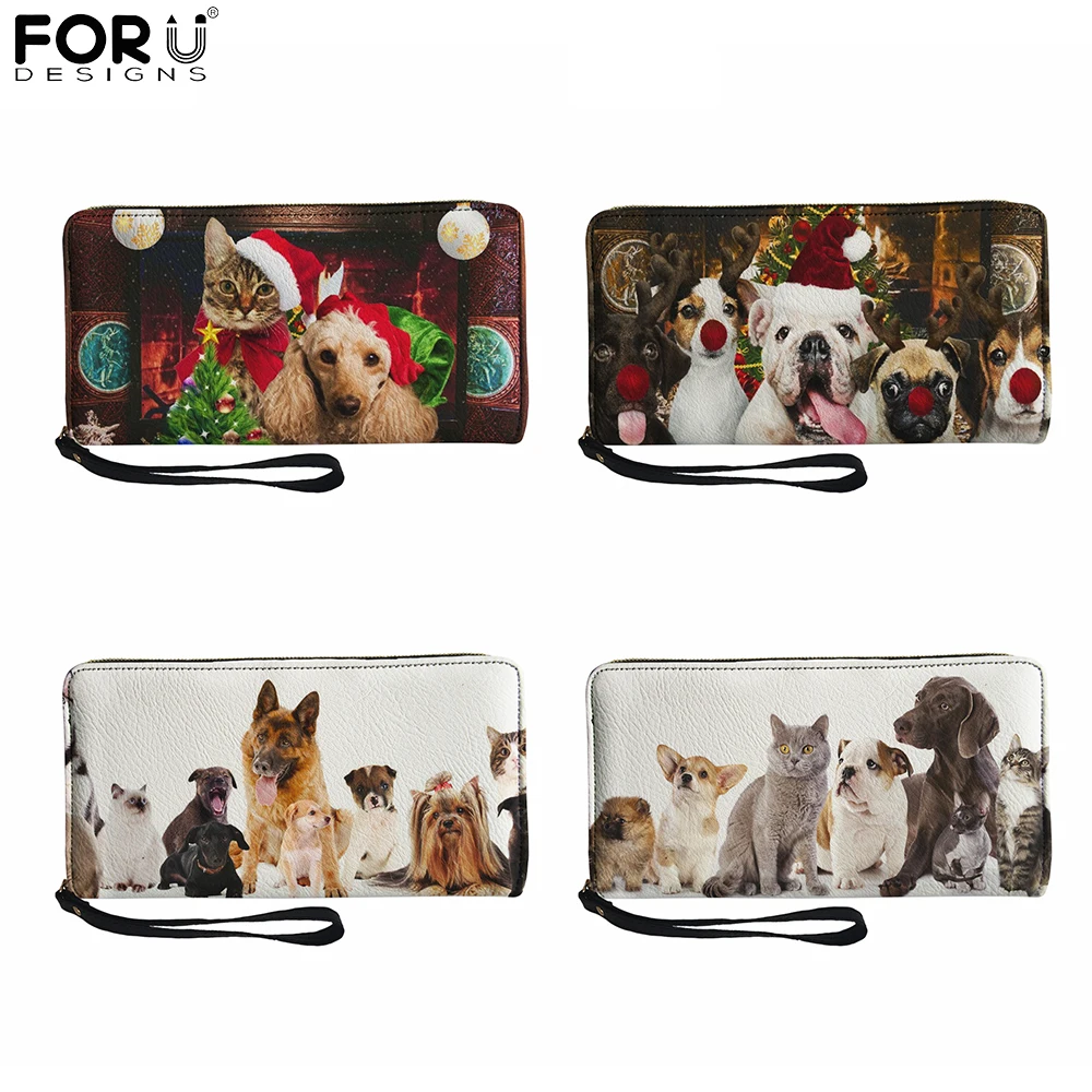 

FORUDESIGNS веселый рождественский кошелек с принтом кошки и мопса, Женский кошелек из искусственной кожи, Женский кошелек с монетницей и ремешк...