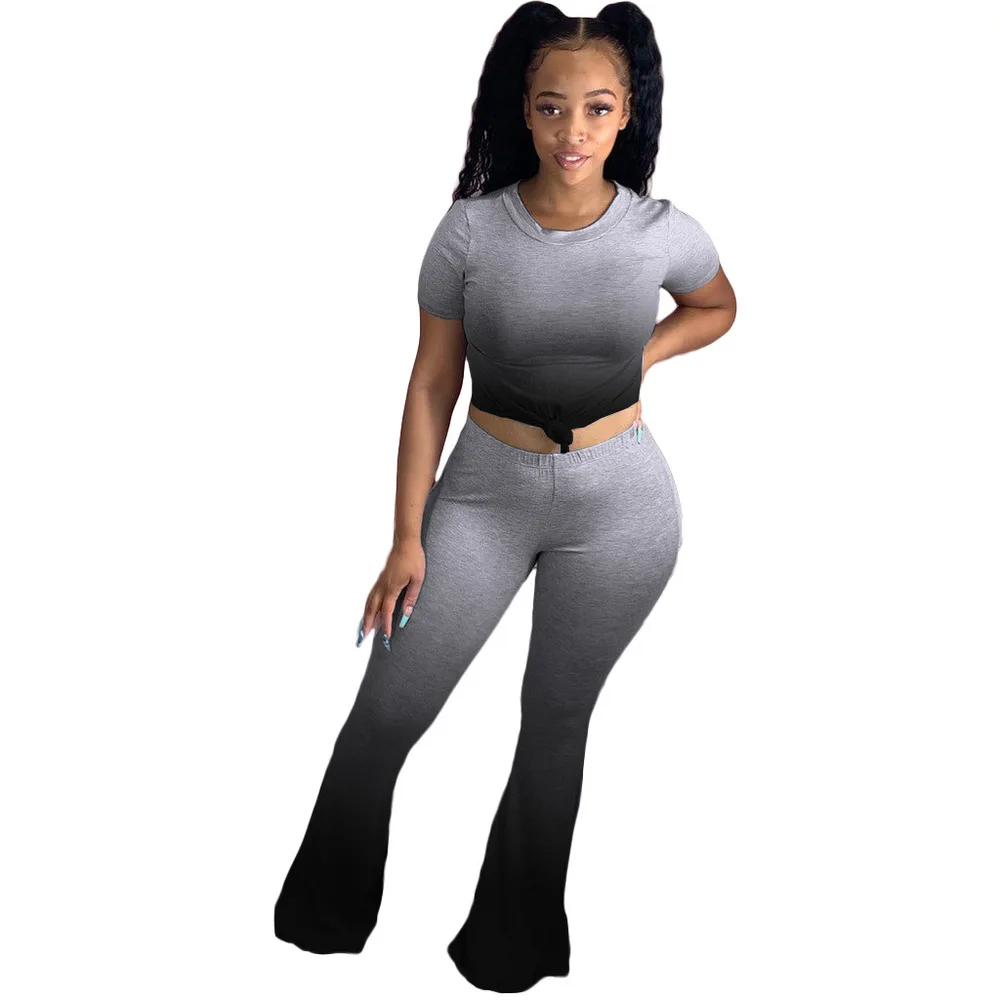 

Sporty Workout Two Pieces Set Women Club Outfits O Neck Long Sleeve Crop Top and Color Block Bell Bottom Sweatpant Skinny Suits