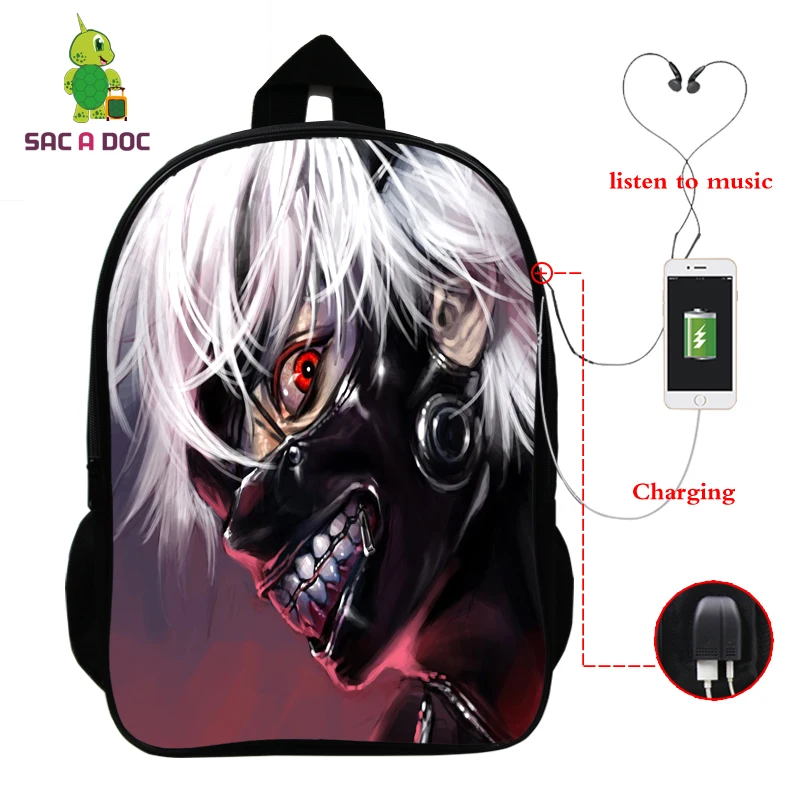 

Tokyo Ghoul Anime Laptop Backpack Multifunction USB Charger Headphone Jack Schoolbags for Teens Travel Backpack Daily Back Pack