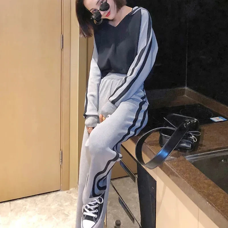 

Hooded Long Sleeve Pullover And Wide Leg Pants Fashion Side Stripe Knit Tracksuit Women Korean Style Contrast Color 2-Piece Suit