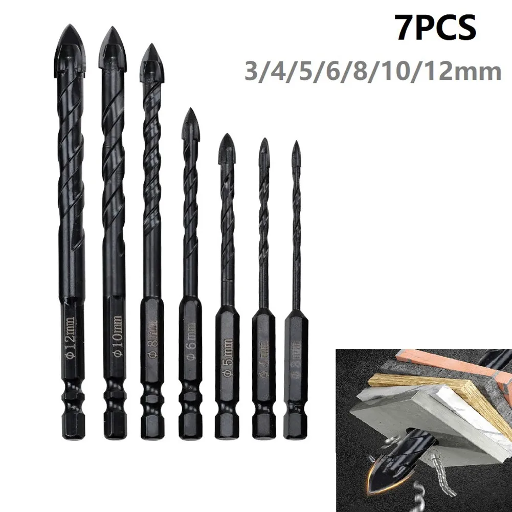 

7pcs 3-12mm Cross Hex Metal Drill Bits Set Carbide Tipped Spear Head Tile Ceramic Hole Opener Alloy Triangle Drill Bits