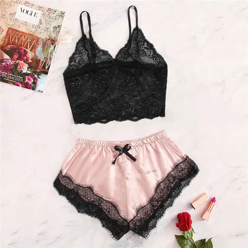 

2-piece Sexy Lingerie Set Women's pajamas Lace Trim Satin Vintage Cami Sleep Top Black V-neck Mouwloos nightgown Underwear