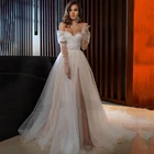 Свадебное платье в стиле бохо из мягкого фатина с длинным рукавом и жемчугом, платья невесты 2021, пляжные вечерние платья с разрезом спереди для торжественных вечеринок