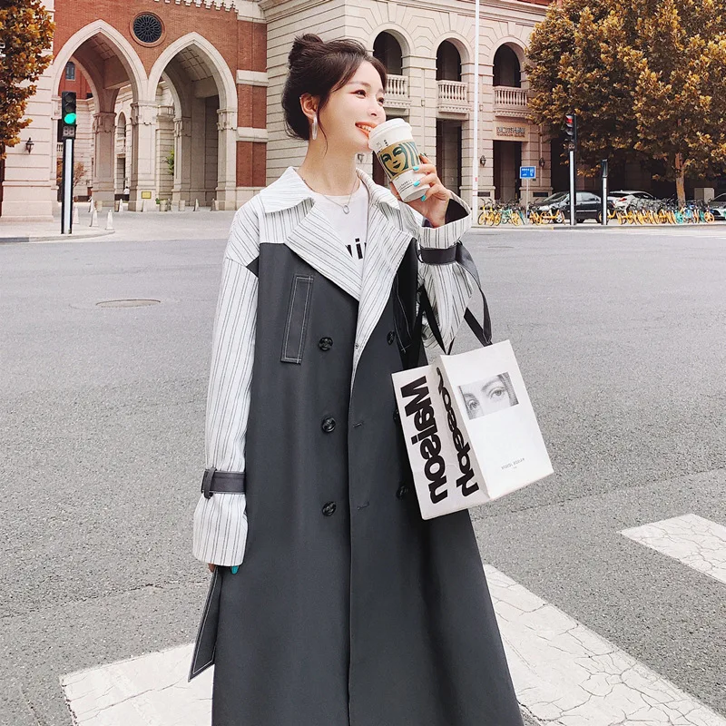 

Long Women's Windbreaker Stripe Stitching Spring Autumn Loose Commuter Ladies Cloak Gray Korean Quality Trench Coat Female New