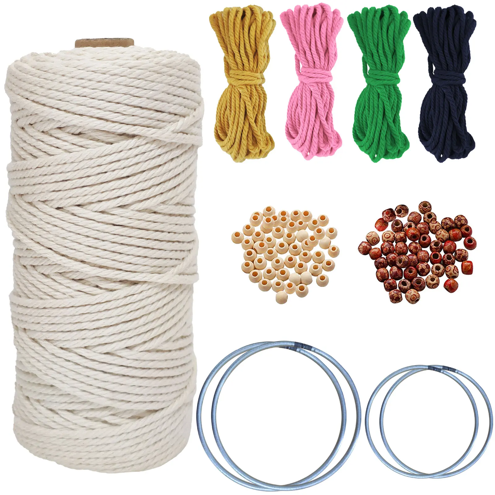 

3mm Cotton Rope DIY Macrame Cord with 6 Wood Rings, 60pcs Wooden Beads, 4 Sticks for Macrame Wall Hanging Plant Hanger