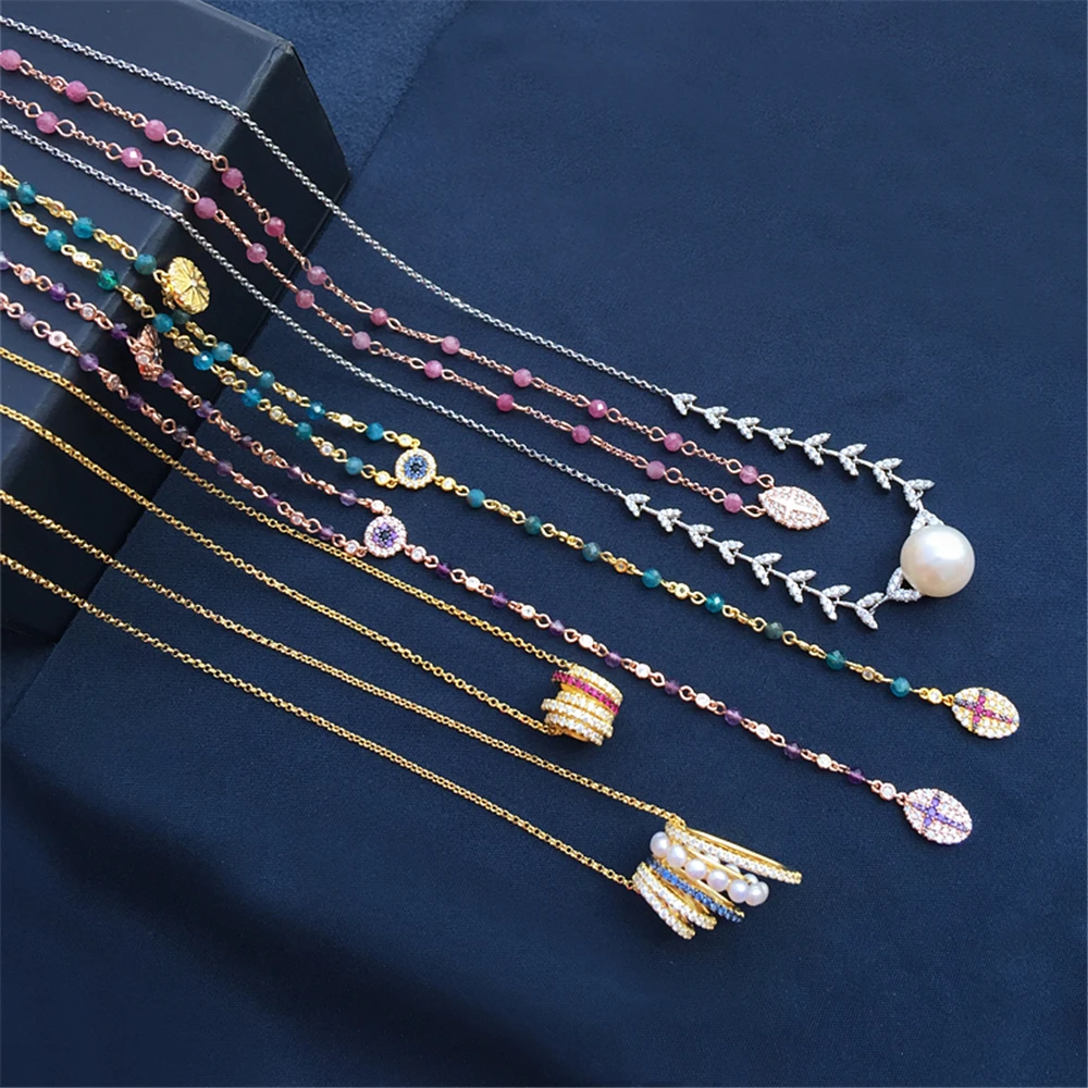 

cheny s925 sterling silver August new natural pearl necklace female mid-length hollow level sweater chain Valentine's wedding