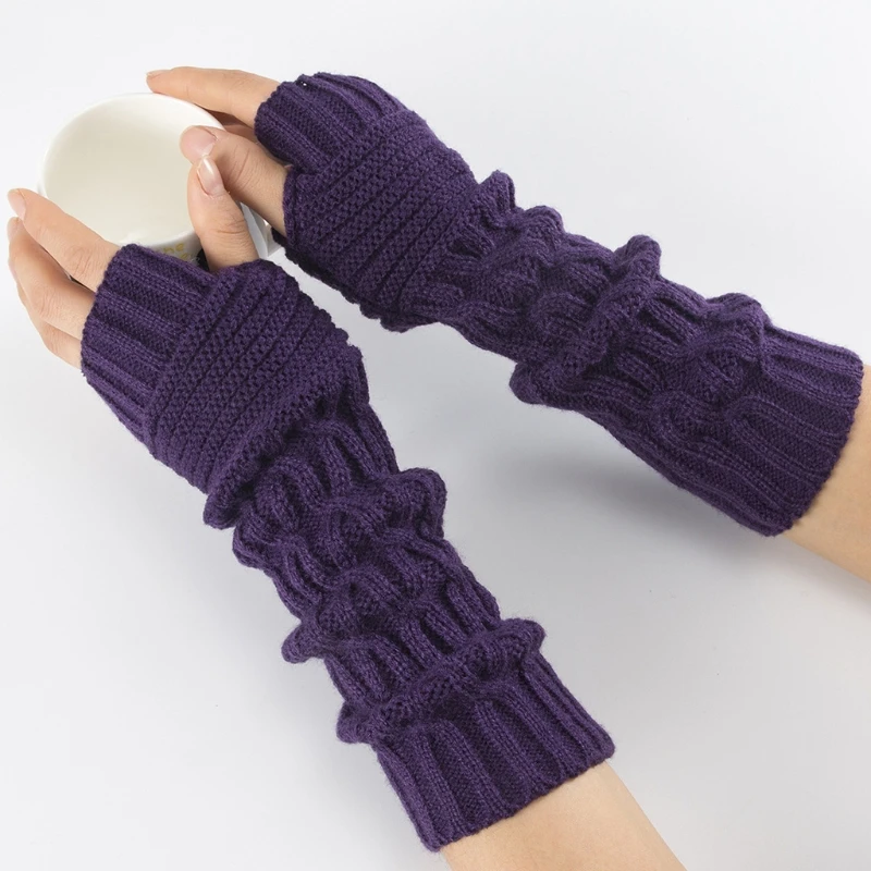 

Women Winter Warm Cable Knitted Long Fingerless Gloves Chunky Crochet Rhombus Solid Color Arm Warmers Thumbhole Mittens