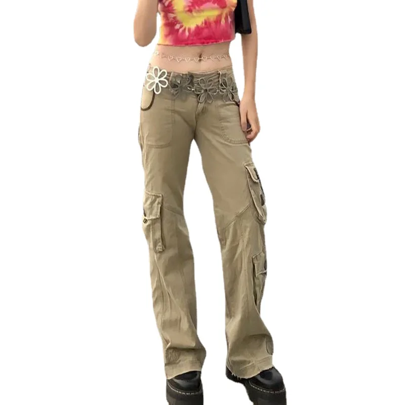 Брюки-карго Женские винтажные составного кроя с карманами и низкой посадкой |