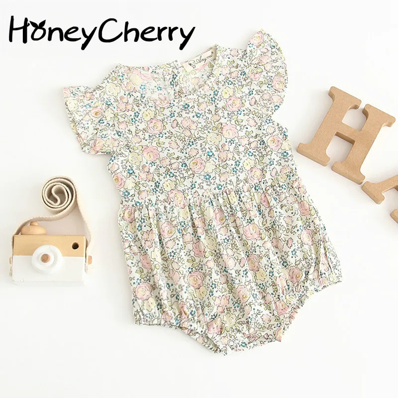 

Детская Хлопковая верхняя одежда с короткими рукавами и шапкой HoneyCherry, летняя одежда с цветочным узором для маленьких девочек, боди для малы...