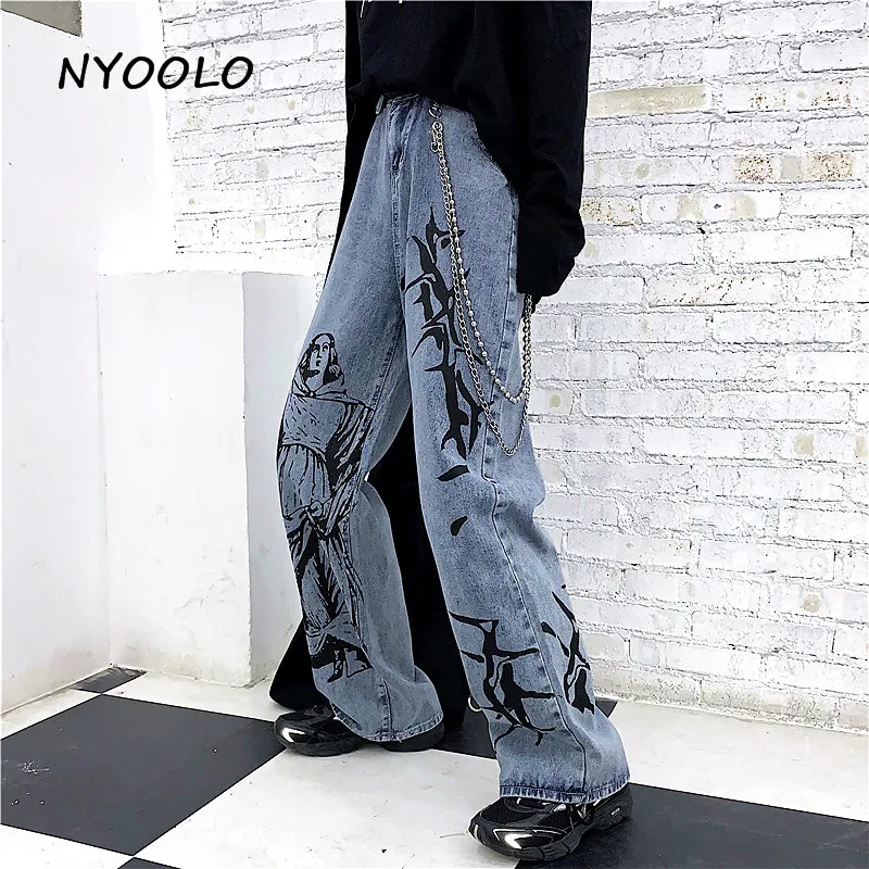 

NYOOLO Vintage streetwear Madonna print Washed jeans Autumn Loose high waist full length straight denim pants women men clothing