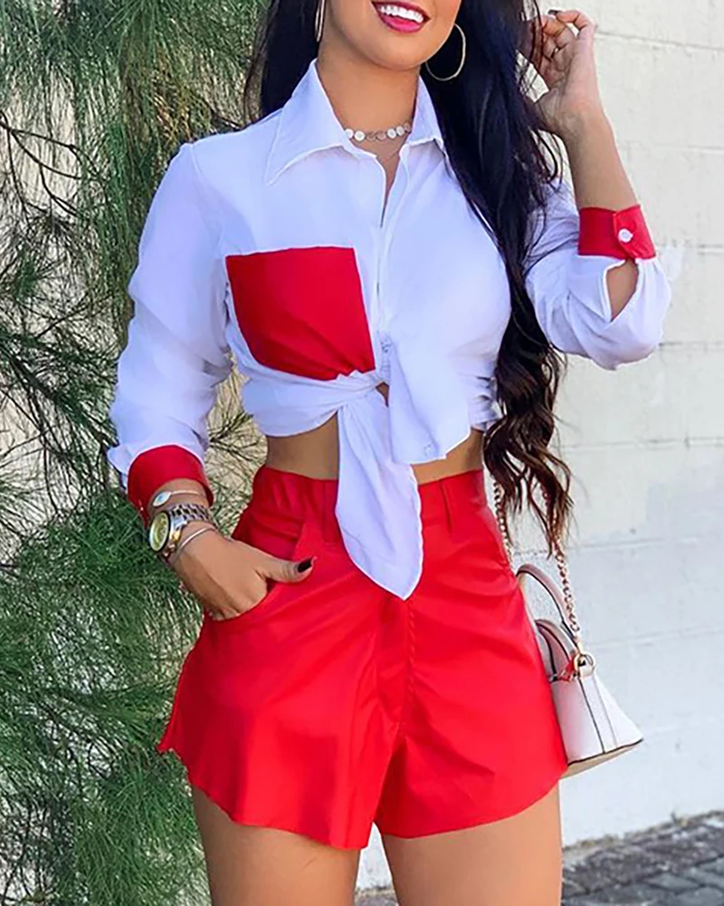 2021 Women Spring Summer Colorblock Tie Front Top & Shorts Set Turn-down Collar Pockets Long Sleeve Casual Blouse