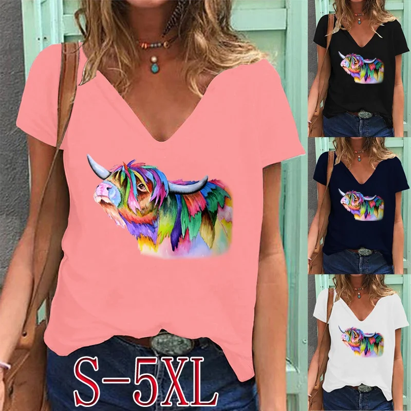 

Summer Women's V-neck Short Sleeve T-shirt Fashion Printed Shirt Ladies Casual Loose Top Solid Color Shirt S-5XL