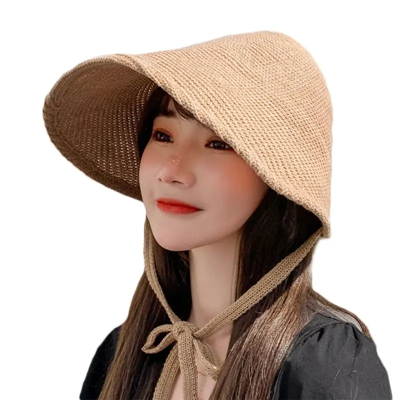 

Womens Witch Knitted Bonnet Sun Hat Wide Brim Ribbon Chin Strap Fisherman Cap
