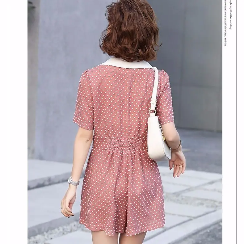 

Women 2021 Summer High Street Romper Female Fashion Polka Dort Print Casual Rompers Office Lady Short Playsuit Overalls U169