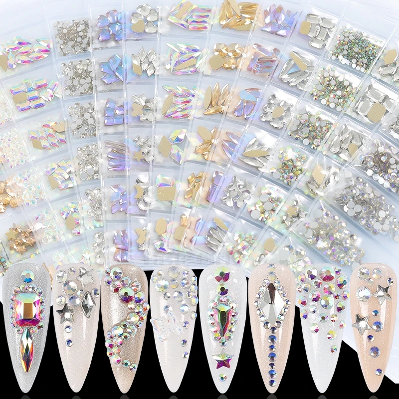 

6 Grids 1100/60PCS Mix Shapes White AB Colorful Champagne Flatback Acrylic Diamonds Jewelry Nail Art Rhinestones Decals Charms