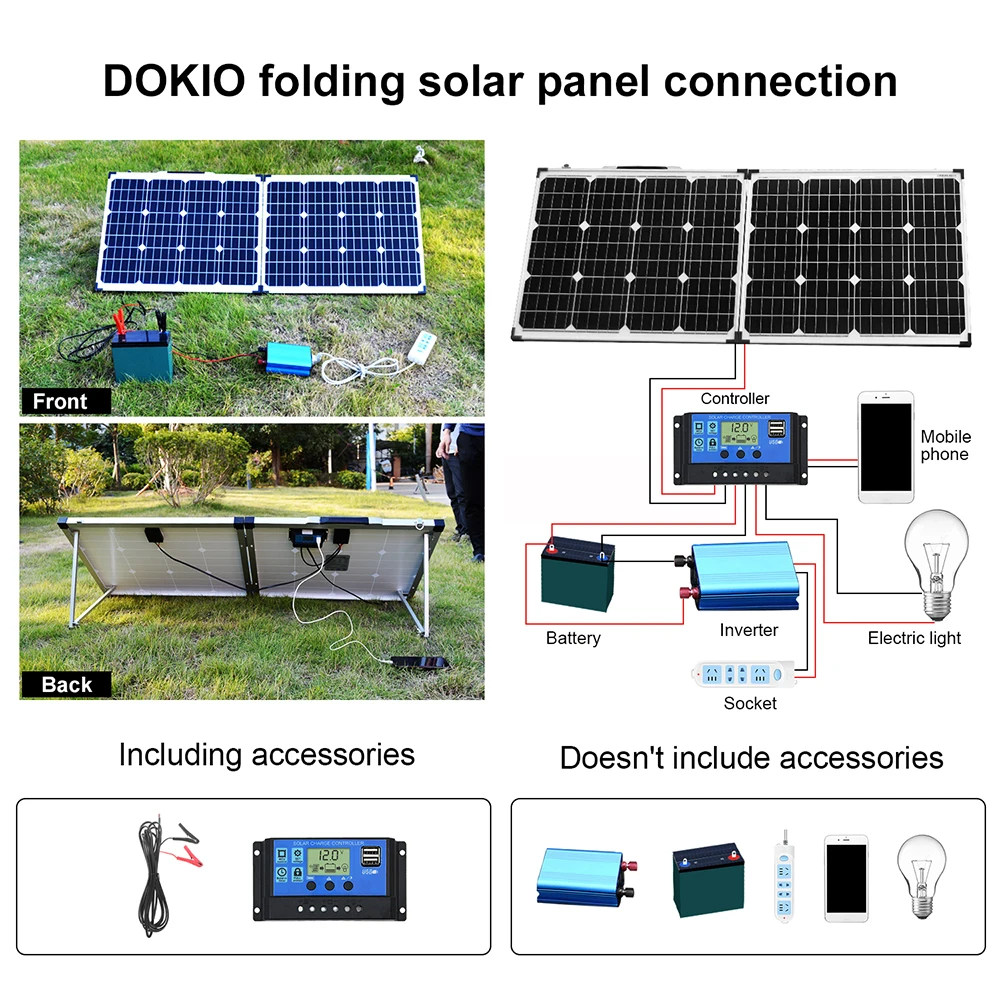 dokio 18v 100w 150w 200w foldable solar panel set charge 12v car battery cell charger with 10a controller solar panel kits free global shipping