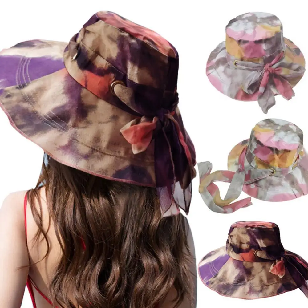 

Hot Sales Women Summer Tie Dye Wide Brim Bow Decor Foldable Outdoor Sun Hat Bucket Cap