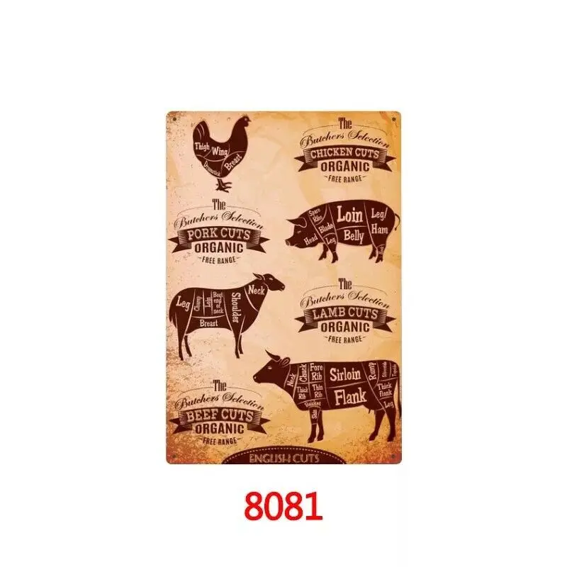 Металлический жестяной знак Говядина Свинина разрезы Наклейка Декор Бар Паб