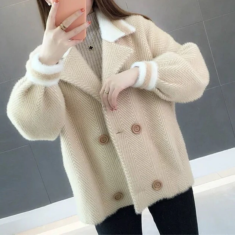 

Coat Women Double Breasted Lantern Sleeve Thick Mink Velvet Knitted Cardigan Coat Autumn Winter Loose Short Jacket Outerwear