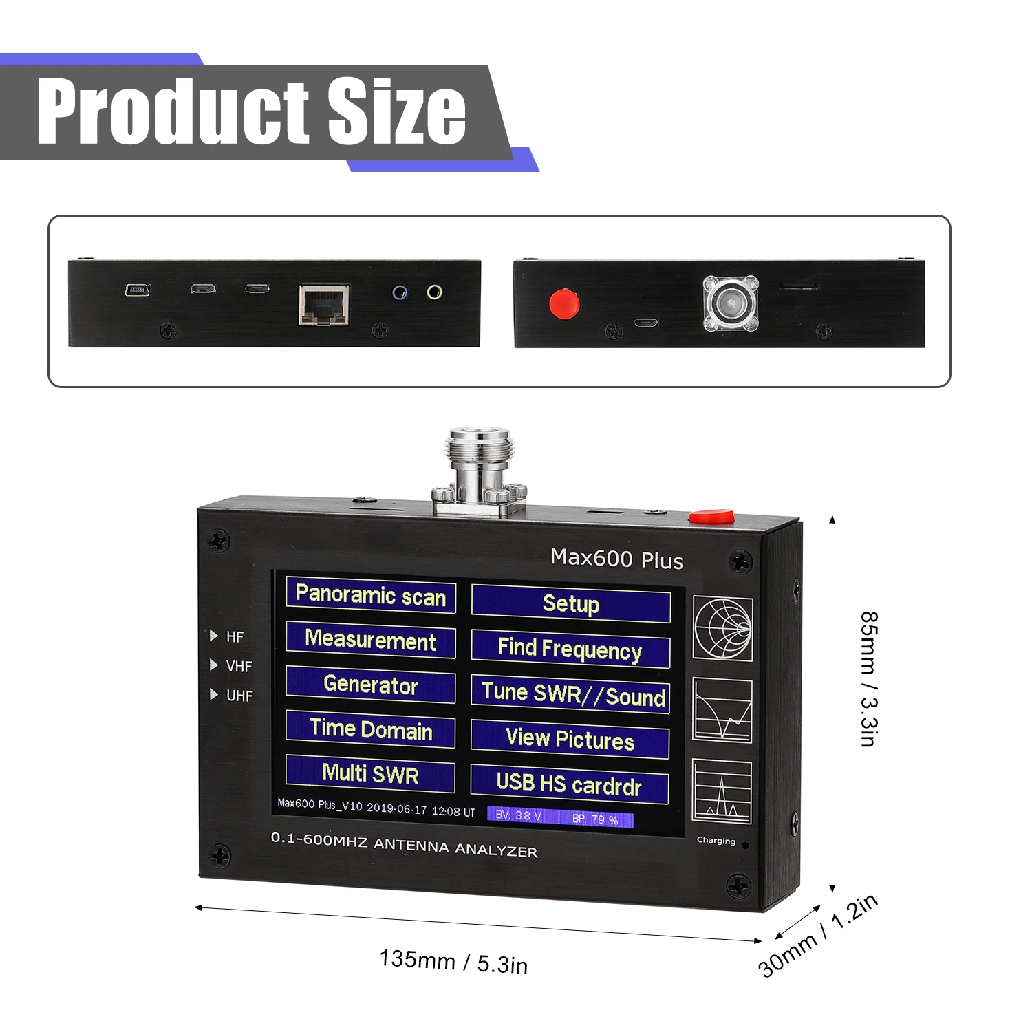 Max600 плюс HF VHF UHF анализатор антенны 0 1-600 МГц с 4 3 "на тонкопленочных транзисторах