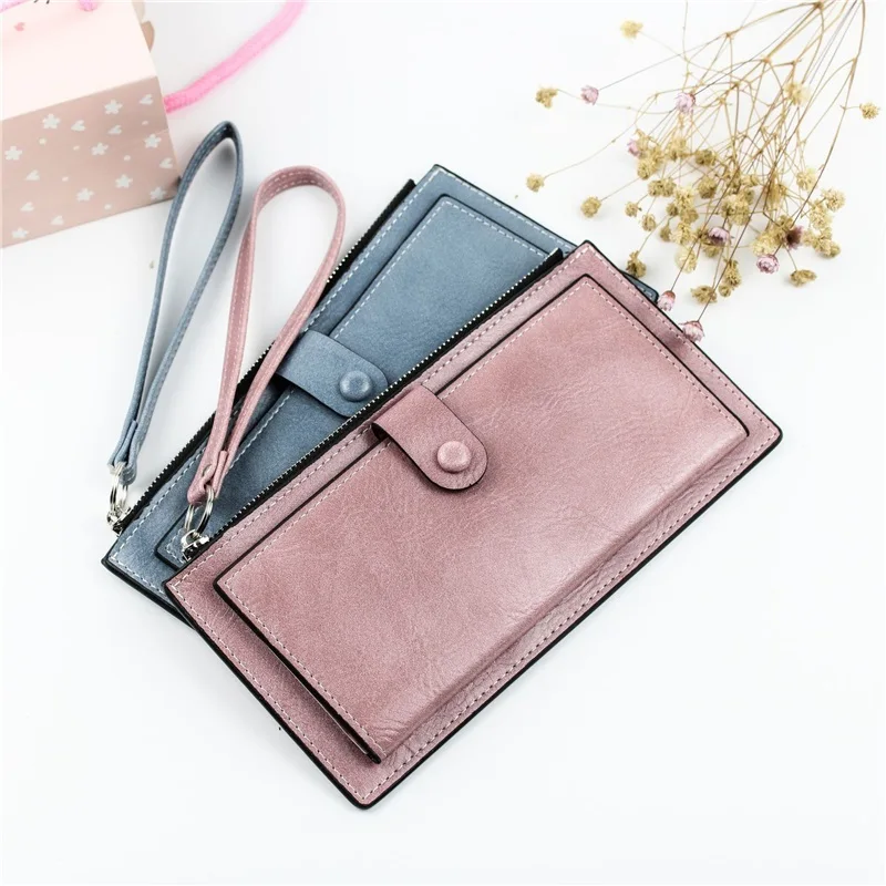 

New Women Zipper Hasp Wallet Waterproof Leather Thin Phone Money Bag Card Holder Long Wristlet Clutch Female Vintage Coin Purses