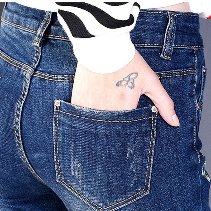 

Denim Women's Skinny Jeans with Embroidery Stretch Female Jeans Pants Trousers New Female Slim Embroidered Jeans for Woman OK547