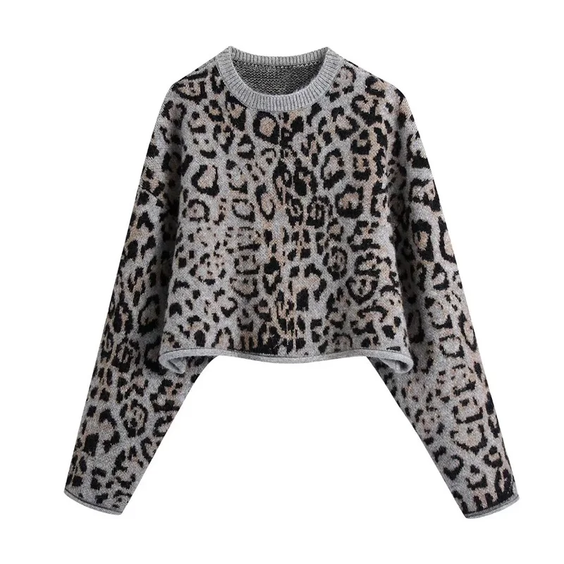 

TRAF Women 2021 Fashion Jacquard Animal Print Loose Crop Knit Sweater Vintage O Neck Long Sleeve Female Pullovers Streetwear
