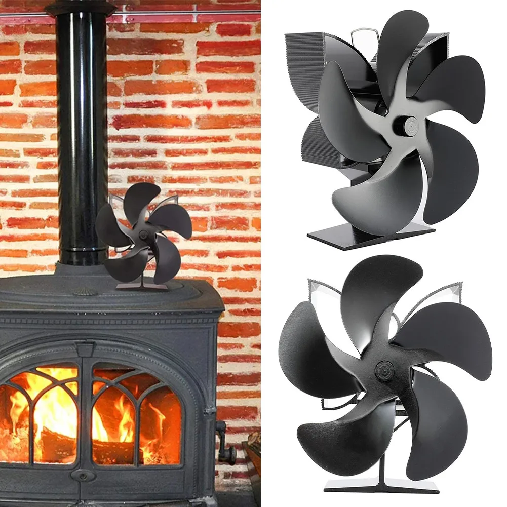 

Black Fireplace 5 Blades Aluminum Alloy Heat Powered Stove Fan Log Wood Burner Safe Home Fireplace Fan Efficient Air Heater