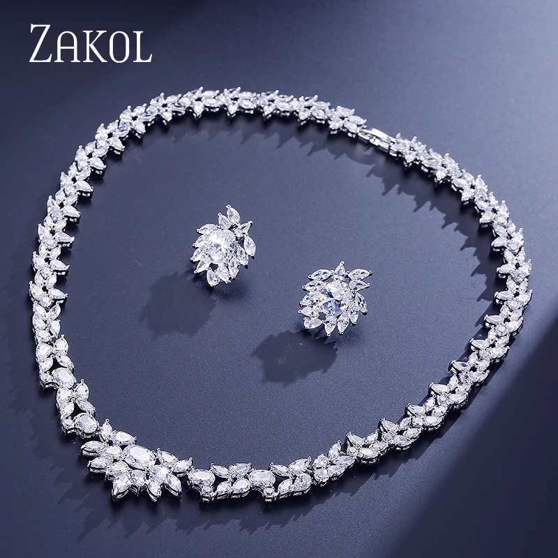 White Color ZAKOL Роскошный Белый Цвет капли воды кластер AAA+ кубический цирконий Модный комплект ювелирных изделий для невесты свадебные украшения Drees FSSP156 - Окраска металла: White Color