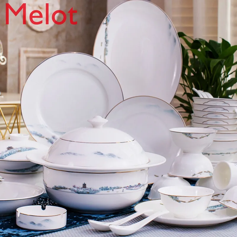

Bone China Tableware Suit West Lake Chinese Bowl Plate Jingdezhen Ceramic High-End Bowl Plate Set Hotel Household Gift